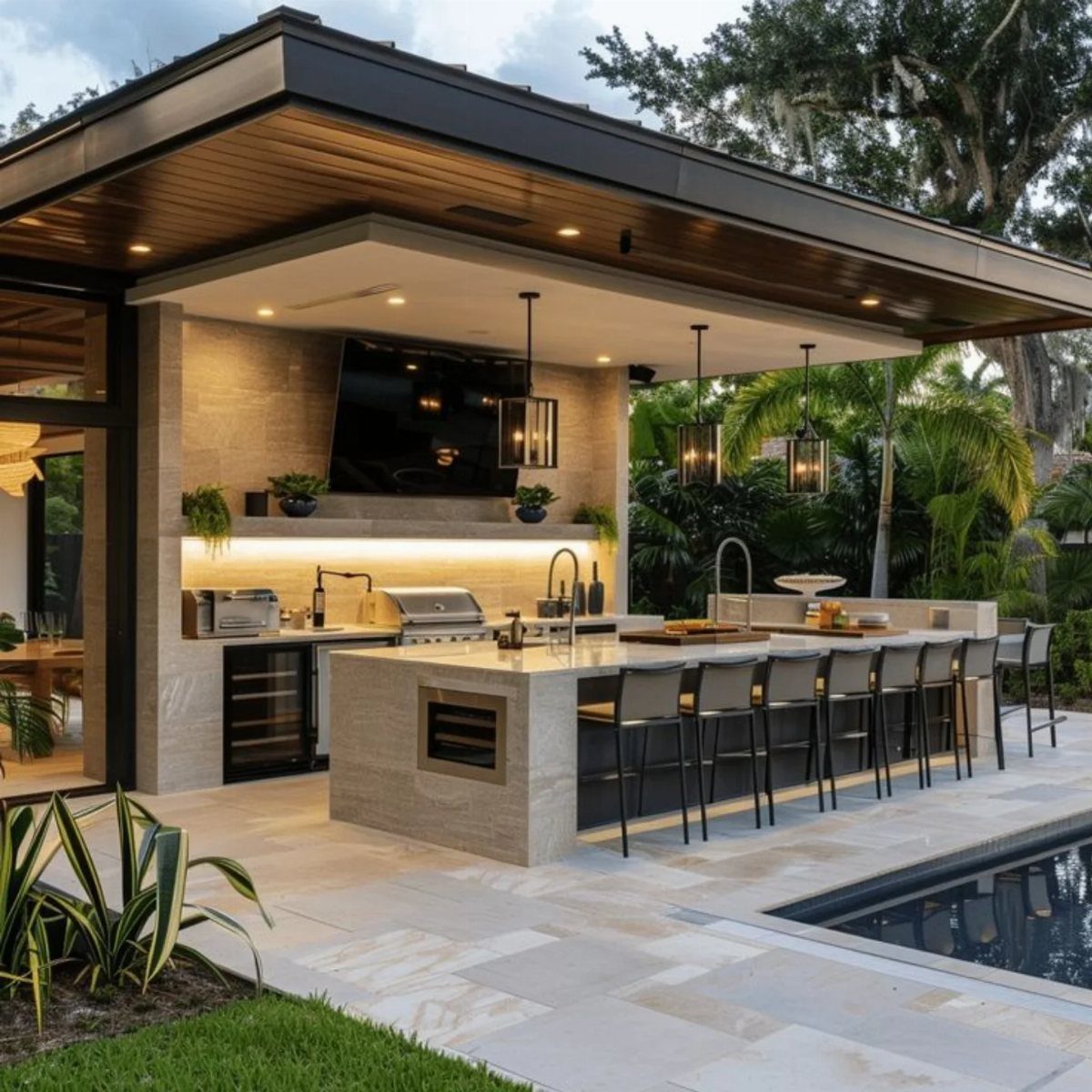 Modern outdoor kitchen island with extended stone countertop, built-in grills, and black bar stools by a pool.