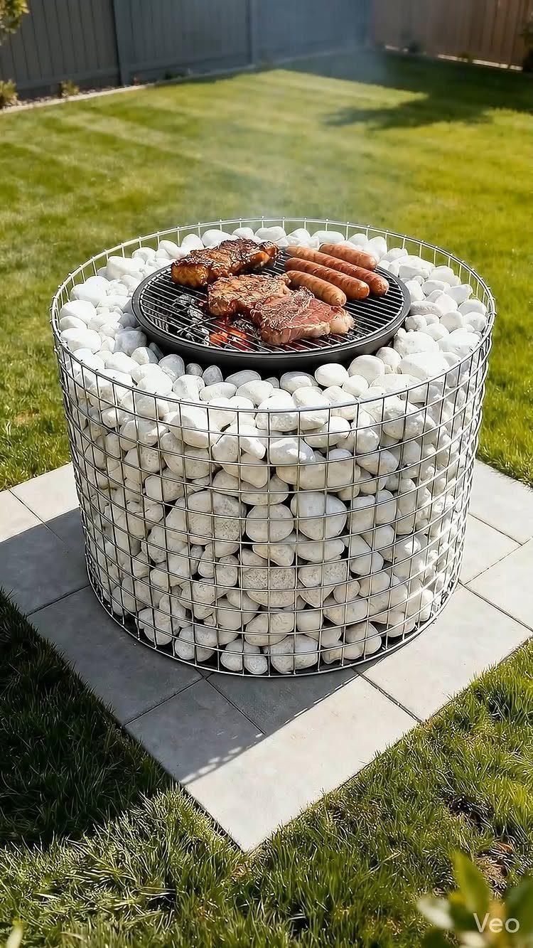 White stones in a wire mesh cylinder grilling meat and sausages in a backyard.