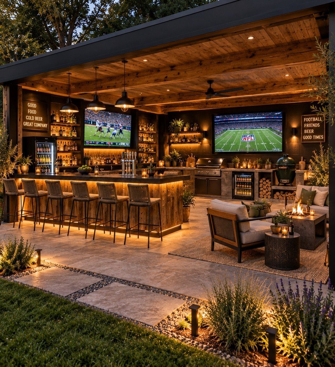 Outdoor kitchen with a long bar, television screens, and lounge seating under a wooden pavilion.