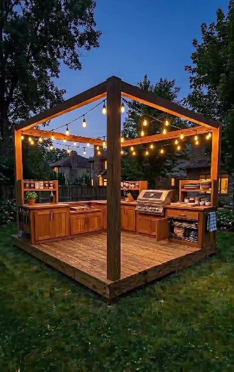 Wooden outdoor kitchen structure with built-in grill and string lights on a deck.