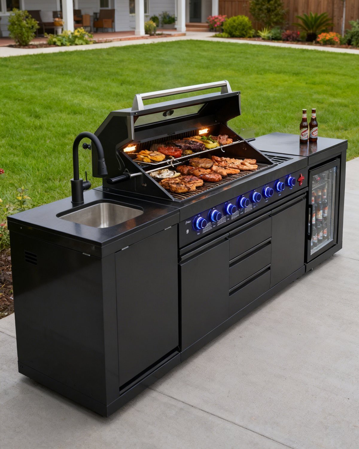 Black outdoor kitchen island featuring a built-in gas grill with food cooking and a beverage cooler.
