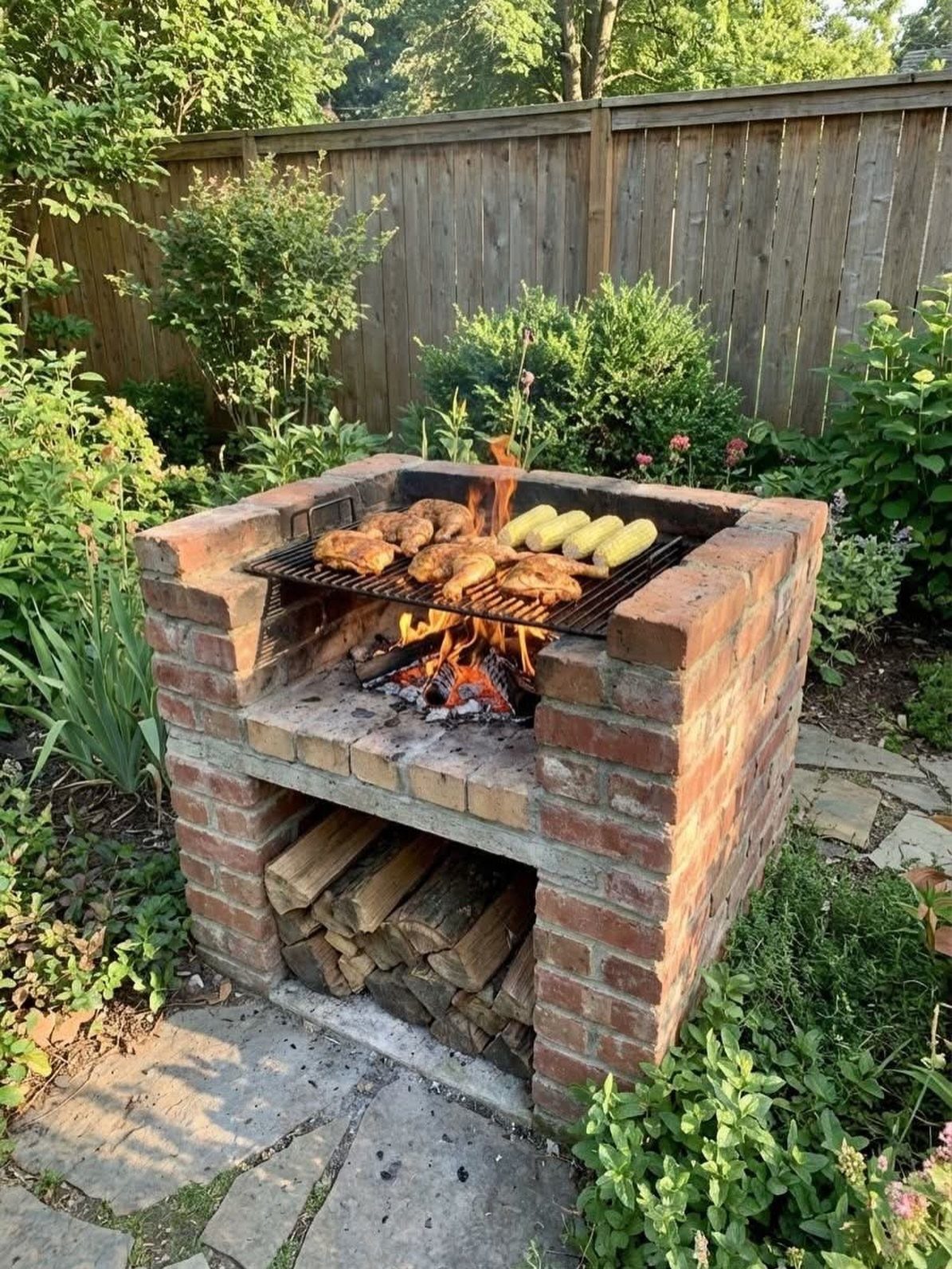 Chicken and corn cooking on a metal grill over a wood fire in a brick barbecue.