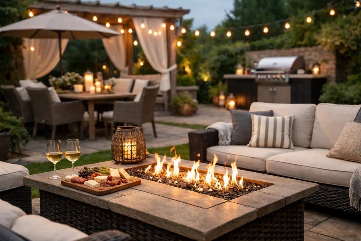 A lit outdoor fire pit with wine and snacks on a patio with comfortable seating.