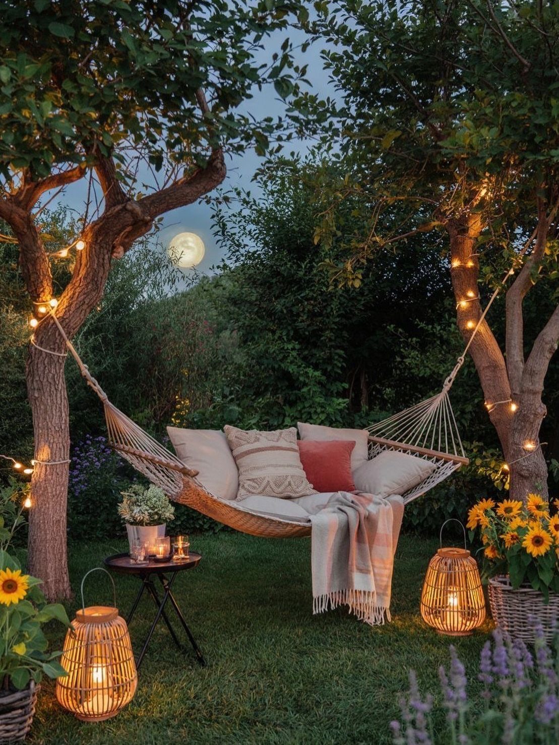 A cozy fabric hammock with pillows and a blanket hanging between two trees at twilight.