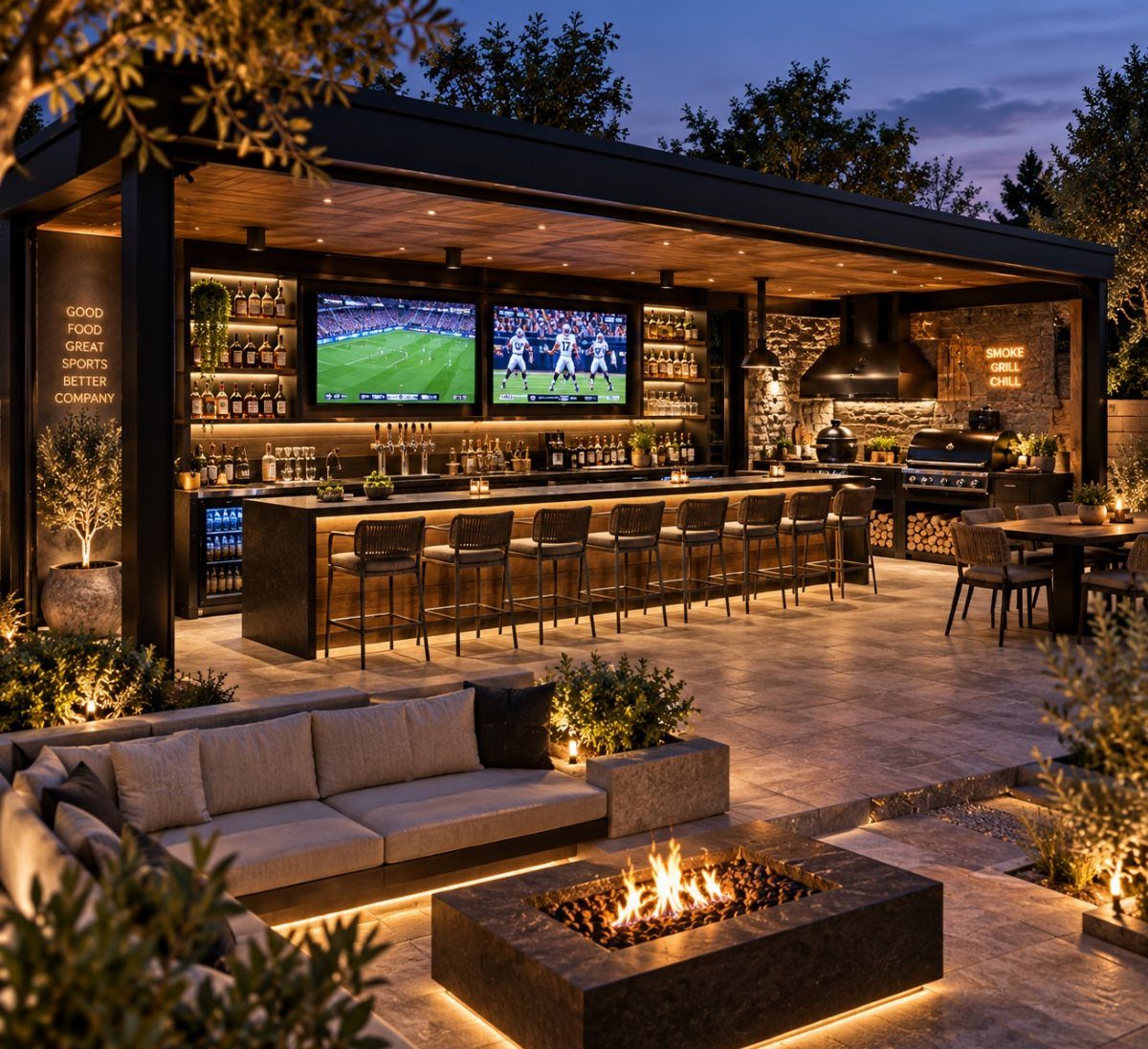 Modern outdoor bar and lounge area with a fire pit and seating at twilight.
