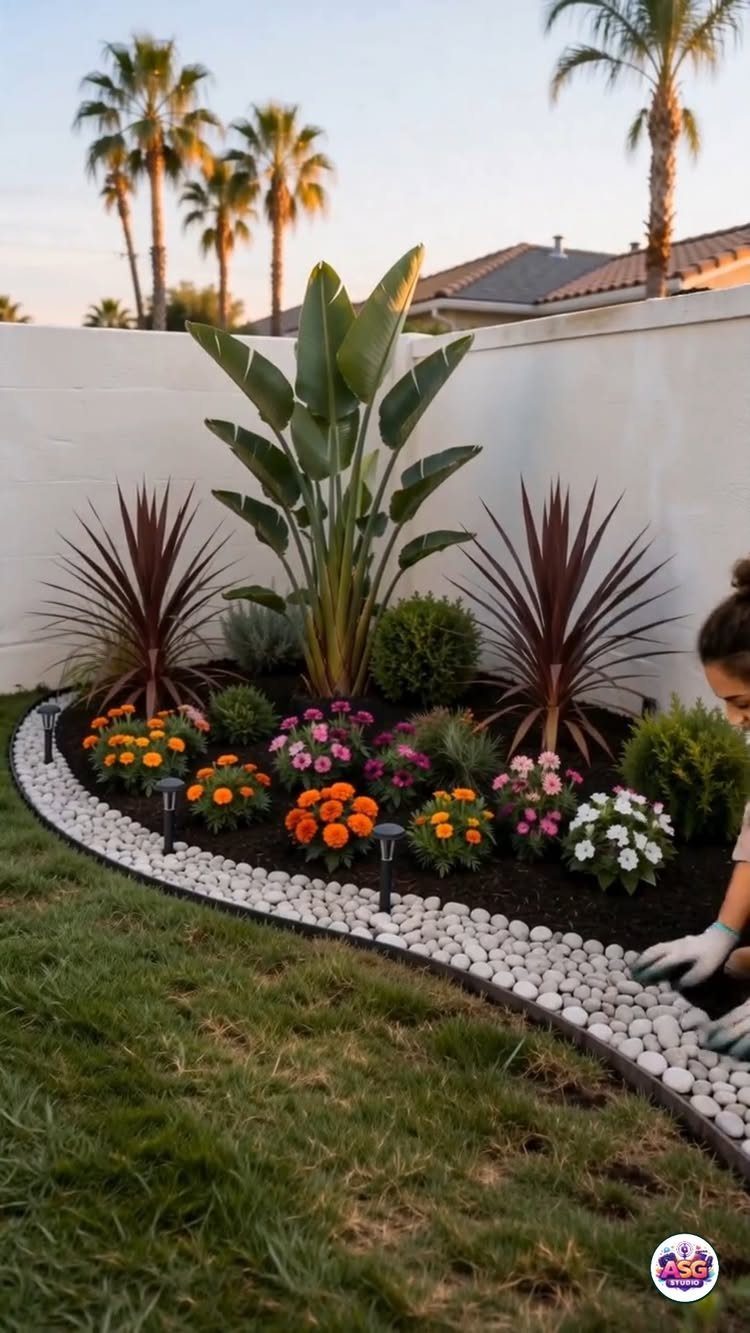 Colorful flowers and tropical plants arranged in a dark mulched garden bed with white stone borders.