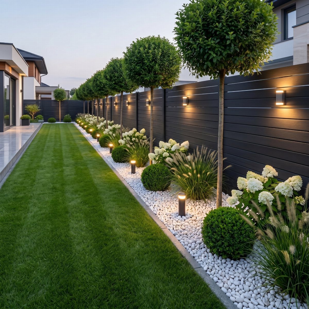 Manicured backyard garden with green lawn, white pebbles, spherical topiary trees, and hydrangeas against a dark fence.