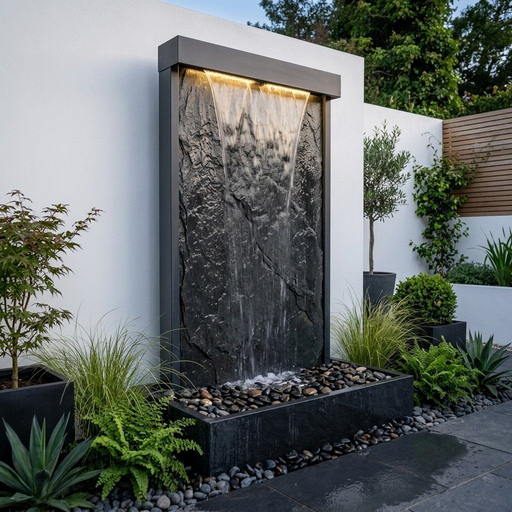 Water cascades down a textured black stone wall into a basin of dark river stones.