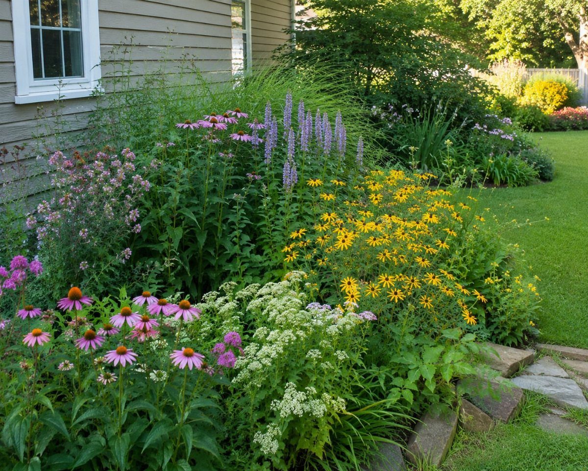 Colorful wildflowers including purple coneflowers and yellow black-eyed Susans blooming in a lush garden bed.