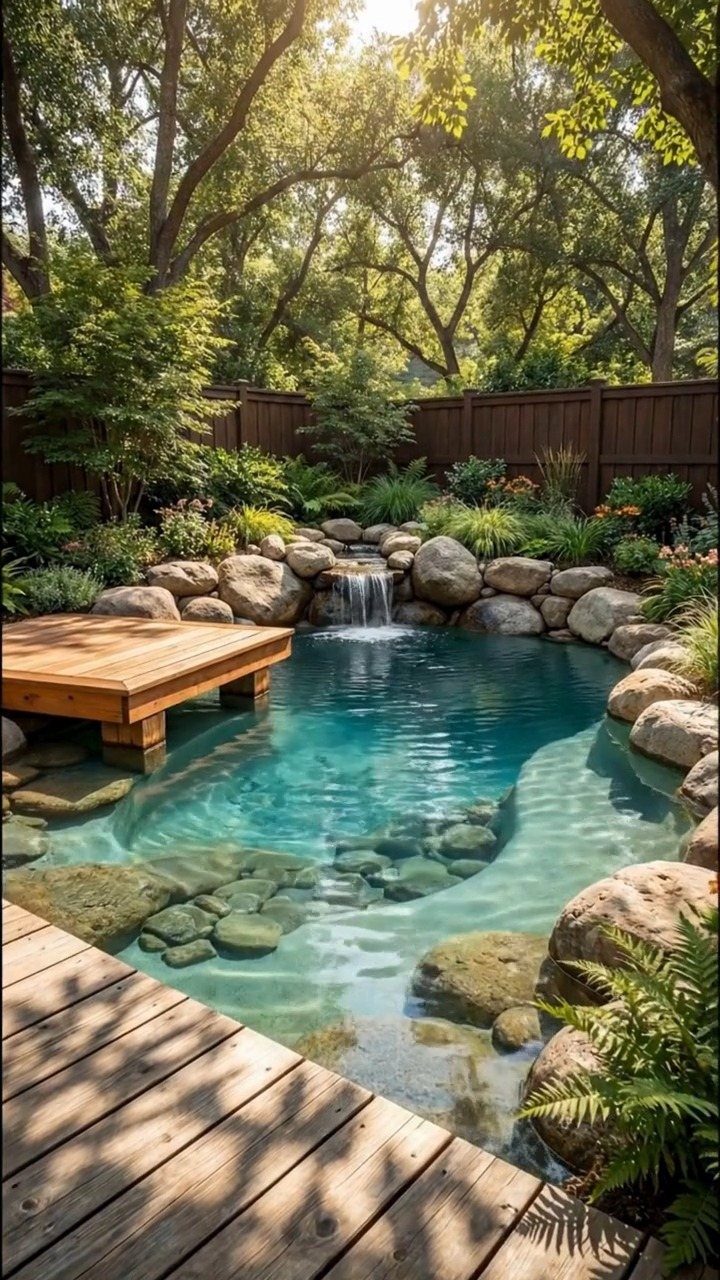 A natural swimming pool with clear blue water, rocks, and a small waterfall surrounded by lush greenery.
