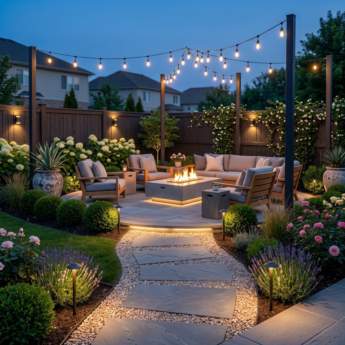 Stone pathway with small glowing lights leading toward a patio with a fire pit and seating.