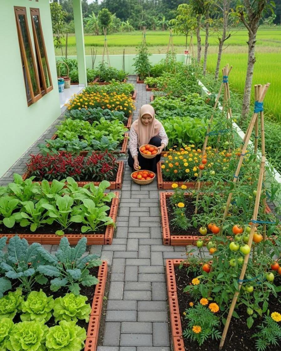 A woman holding a bowl of tomatoes amidst several raised garden beds filled with vegetables.