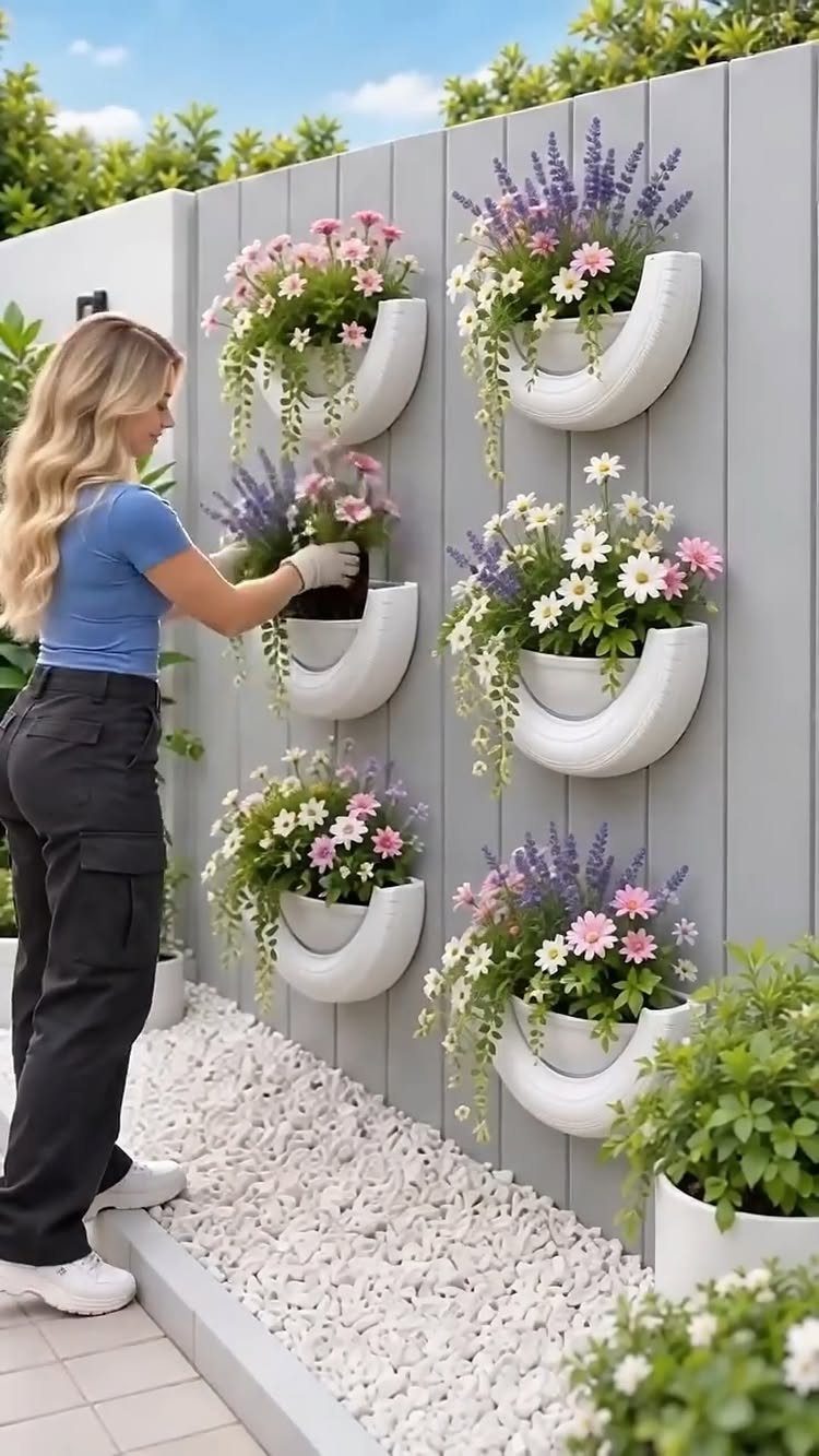 A woman tending to white semi-circular wall planters filled with colorful blooming flowers on a grey fence.
