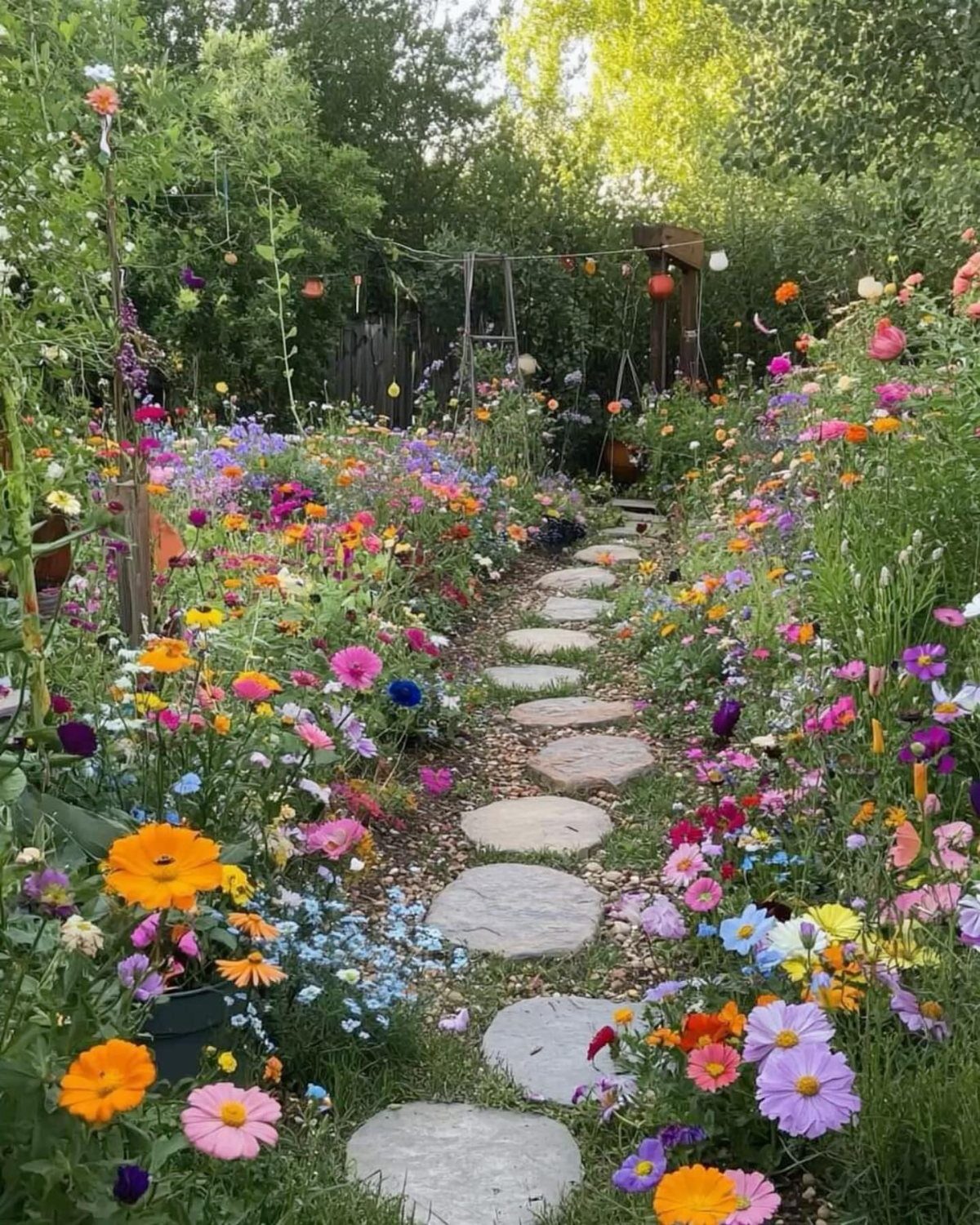 Colorful wildflowers in various shades line a stone stepping path through a lush green garden.