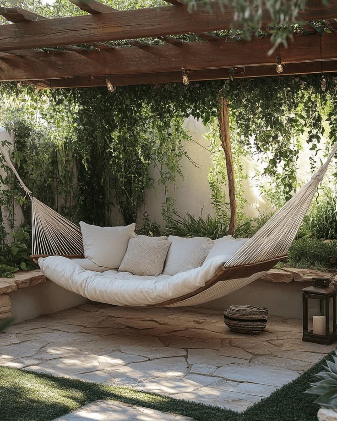 A large cream rope hammock with white pillows hangs under a lush green pergola.