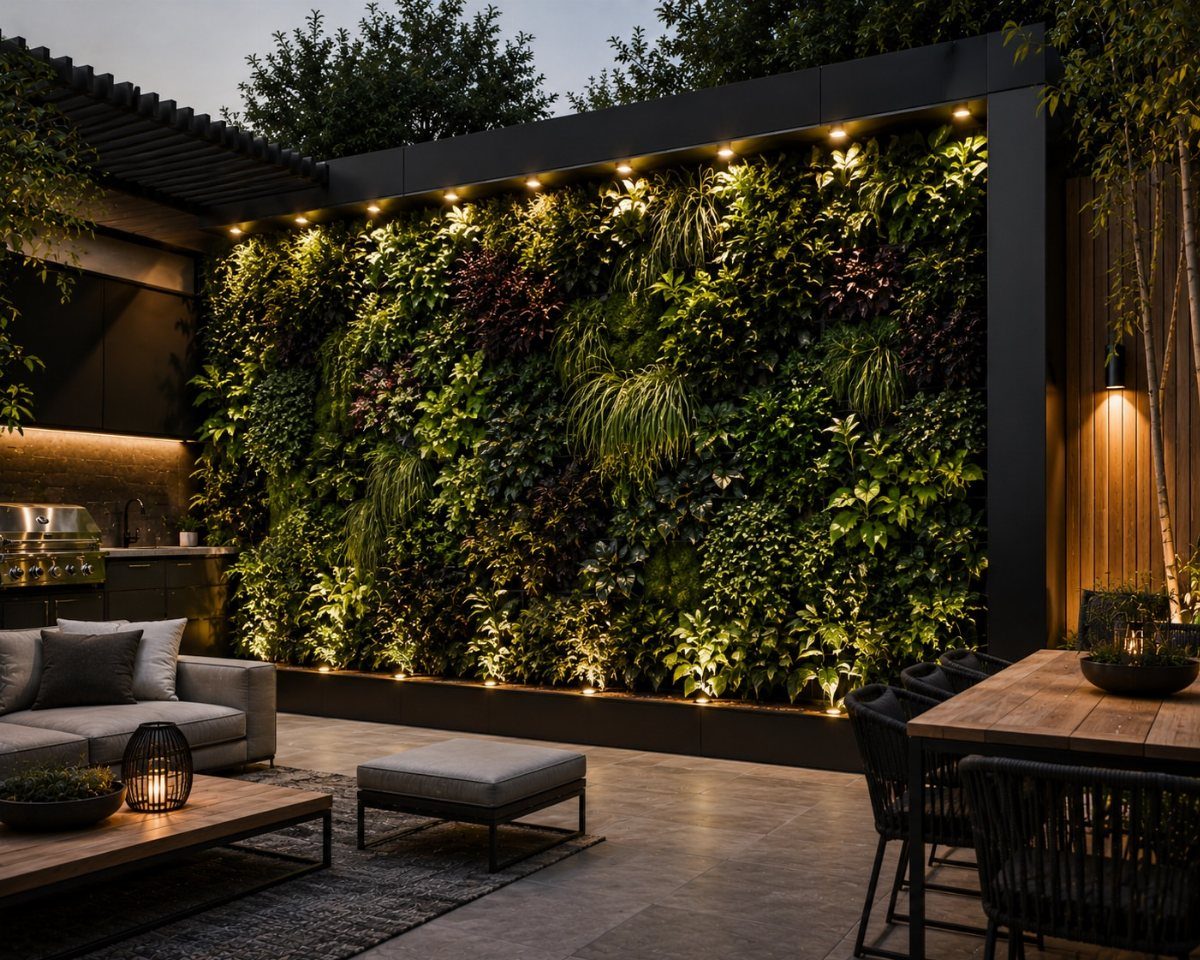 A large vertical garden wall filled with diverse green plants, illuminated by spotlights in a modern patio.