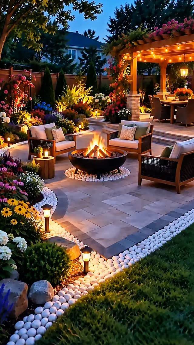 A lit fire pit sits on a stone patio surrounded by comfortable outdoor seating and blooming gardens.