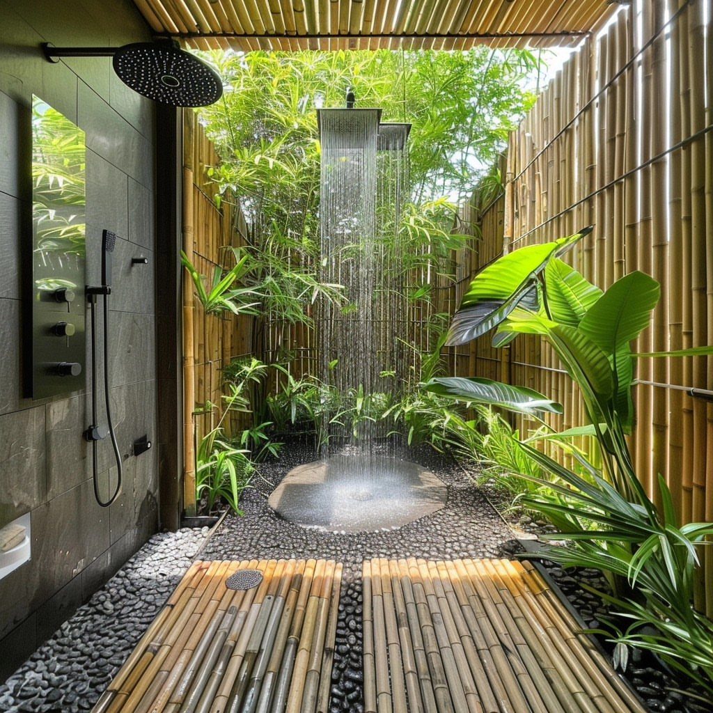 Outdoor shower with rainfall head, bamboo walls, and lush tropical greenery in a private garden setting.