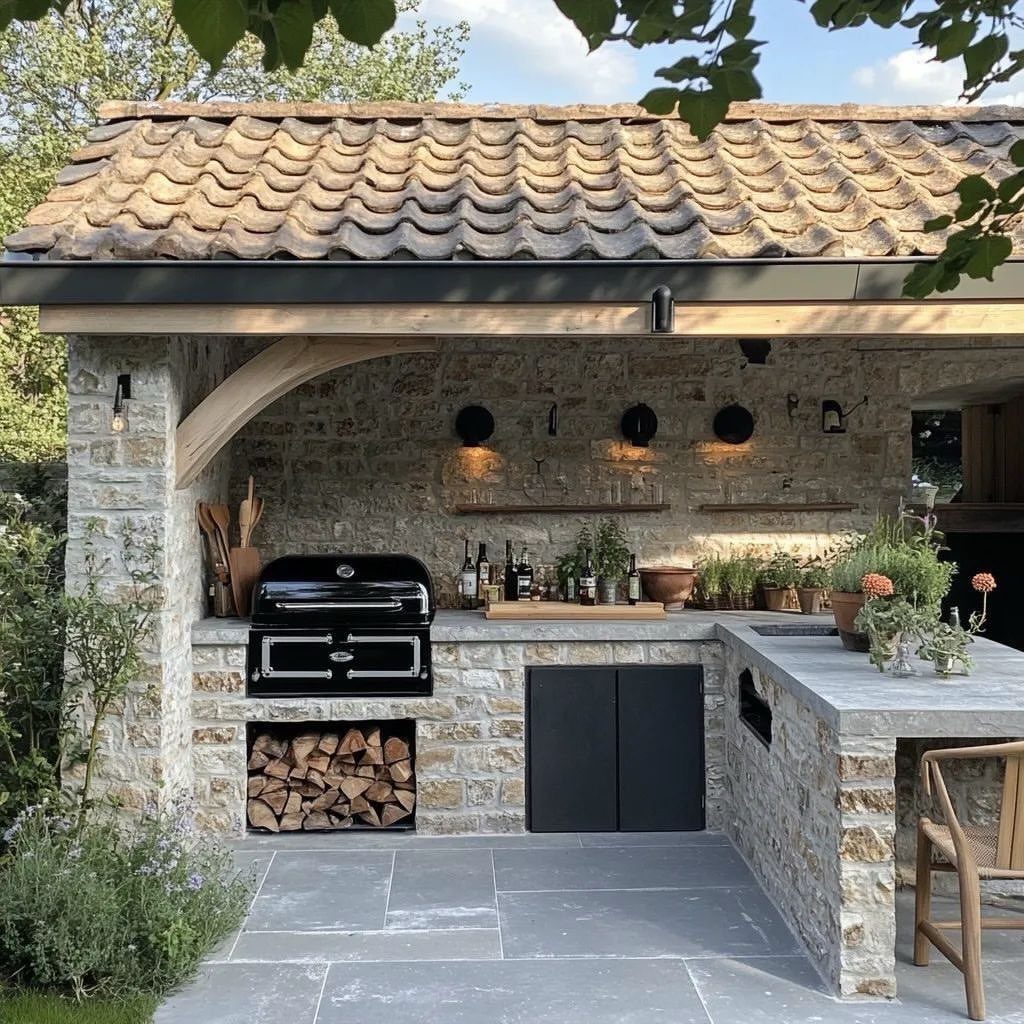 Stone outdoor kitchen with a black grill, wood storage, and stone countertops under a tiled roof.