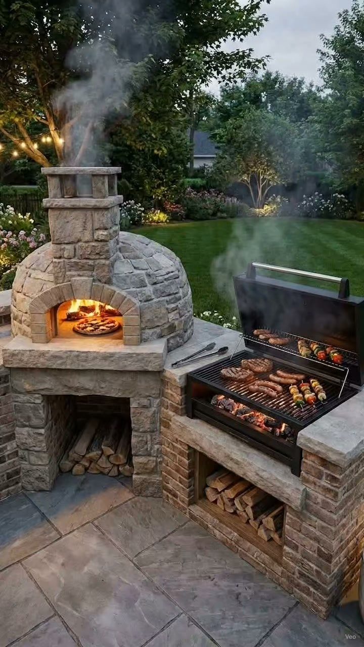 Stone outdoor kitchen with a wood-fired pizza oven and a built-in grill cooking food.
