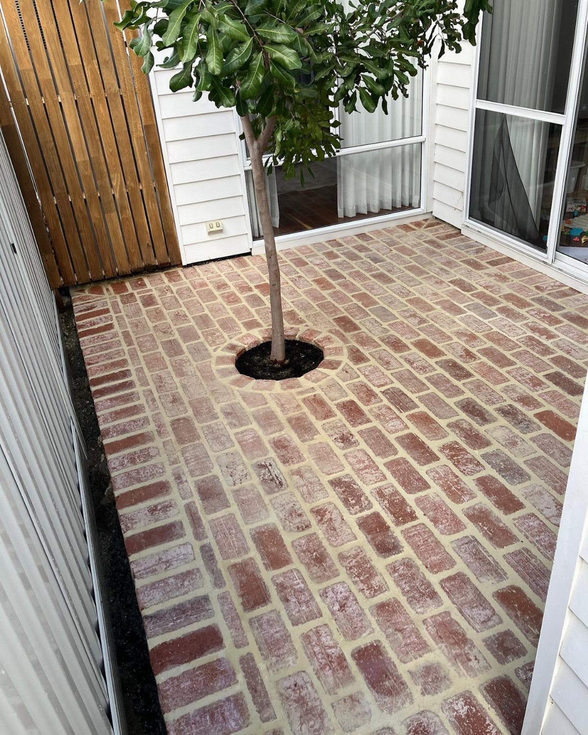 Reddish-brown brick patio with a small tree growing from a circular cutout in the center.
