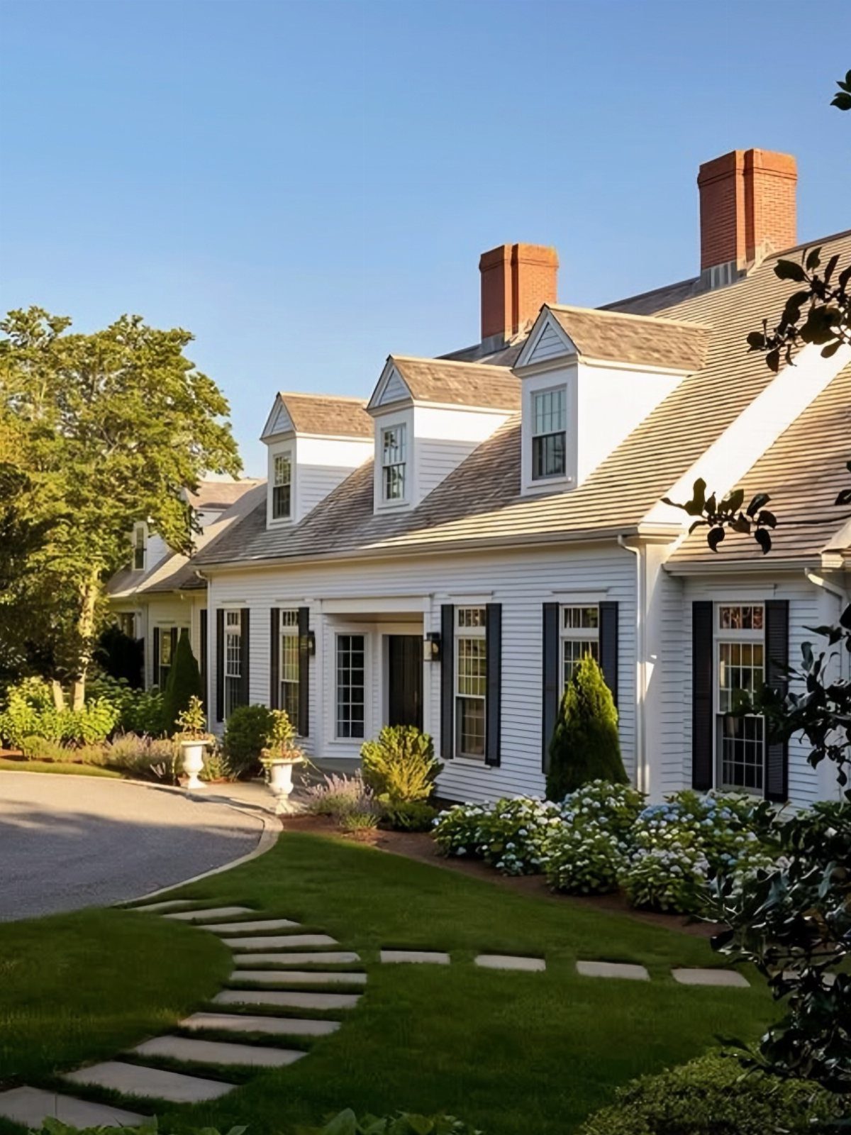 White Cape Cod house with black shutters, dormer windows, and manicured landscaping under a blue sky.