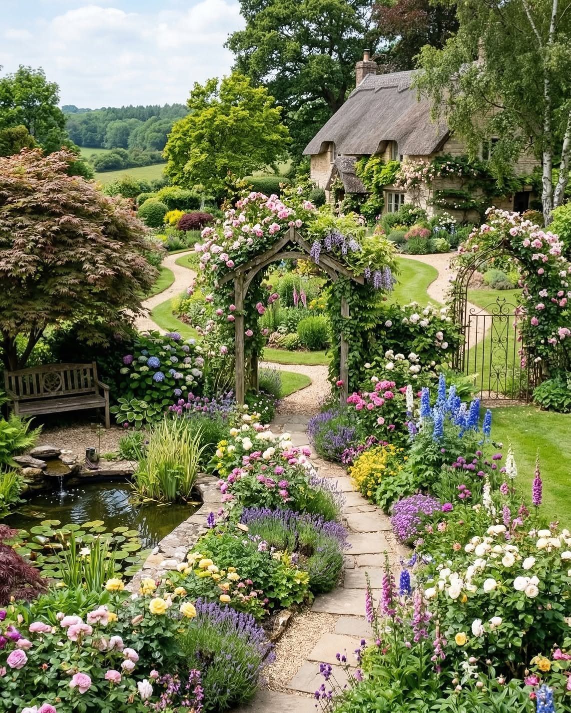 A wooden garden arch covered in pink roses beside a stone path and colorful flower beds.