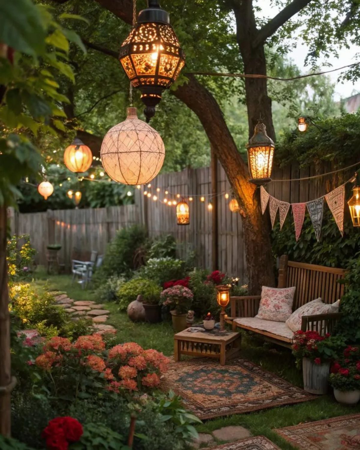 Hanging lanterns and string lights illuminate a wooden garden bench and small table in a lush backyard.