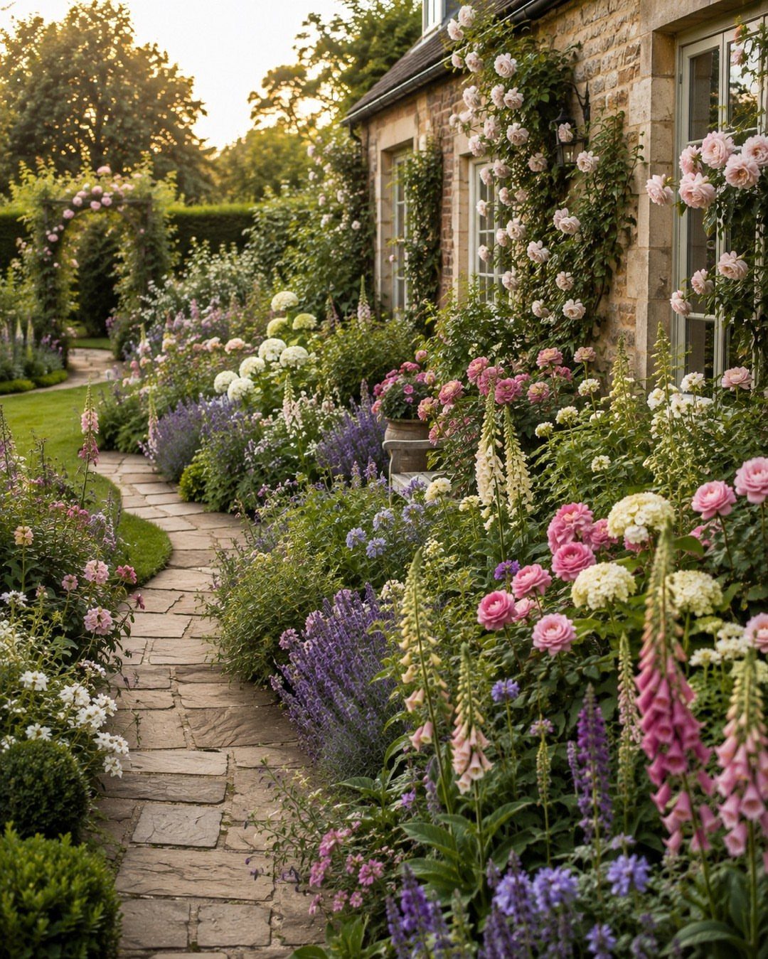 A winding stone path through a lush garden with layered flowers and climbing roses.