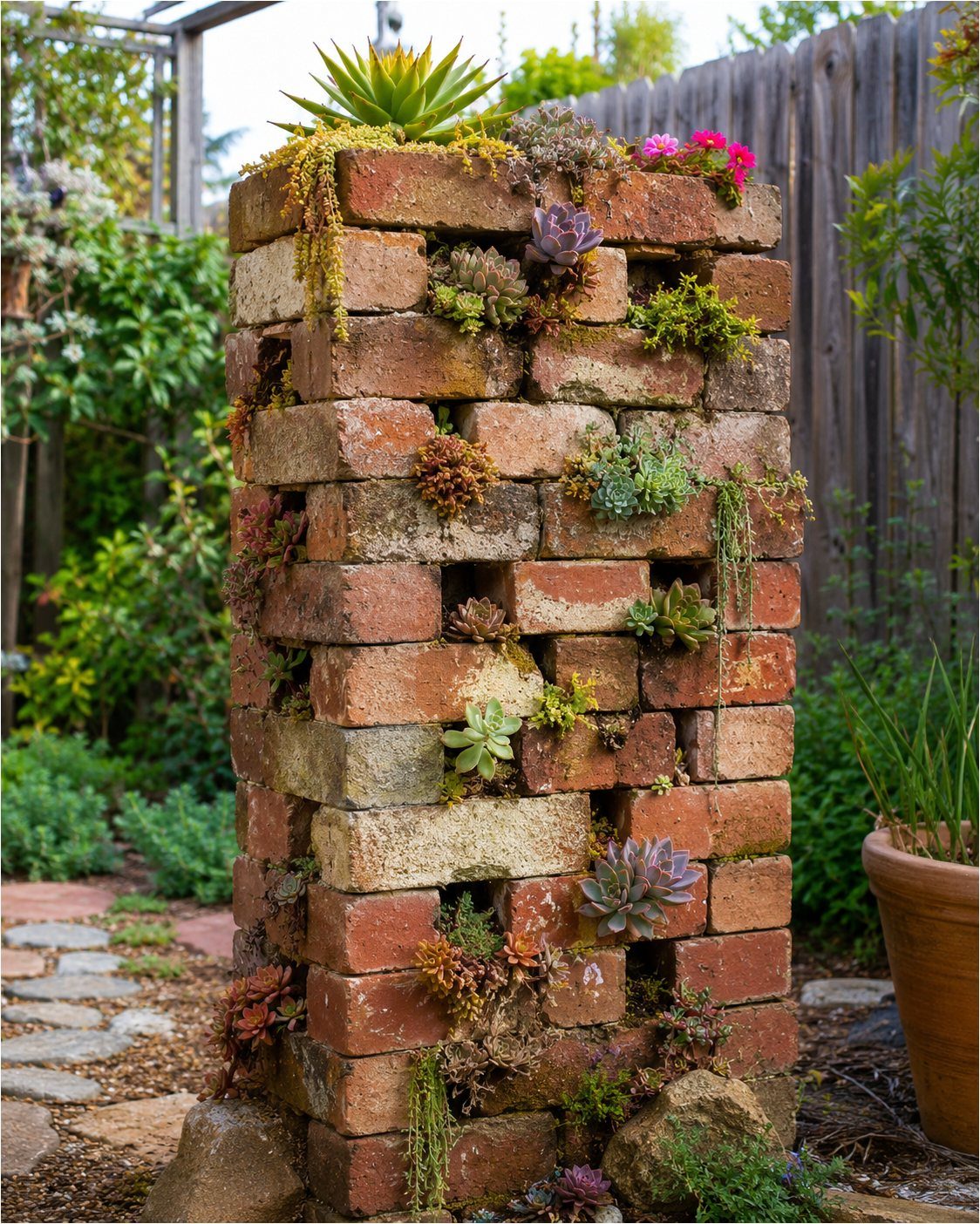 Succulents growing out of the crevices of a vertical brick wall in a garden.