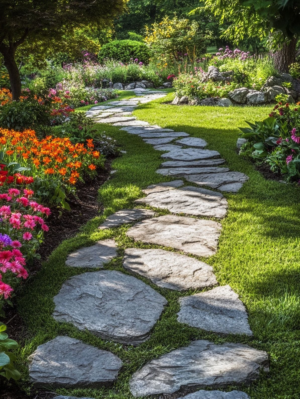 Irregular grey flagstones form a winding path through a vibrant garden with colorful flowers and green grass.