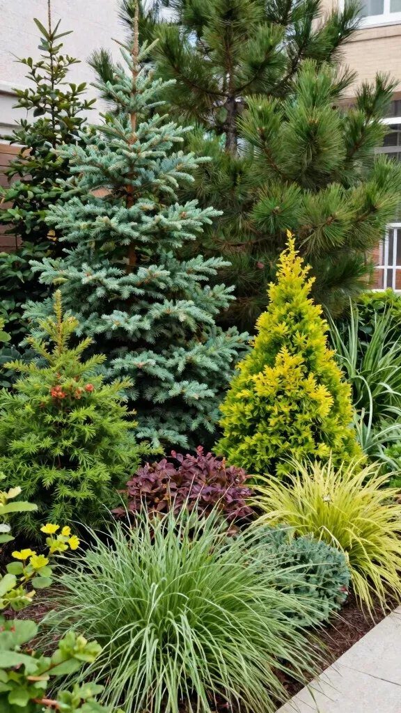 Various evergreen shrubs and trees of different colors and heights planted in a lush garden bed.