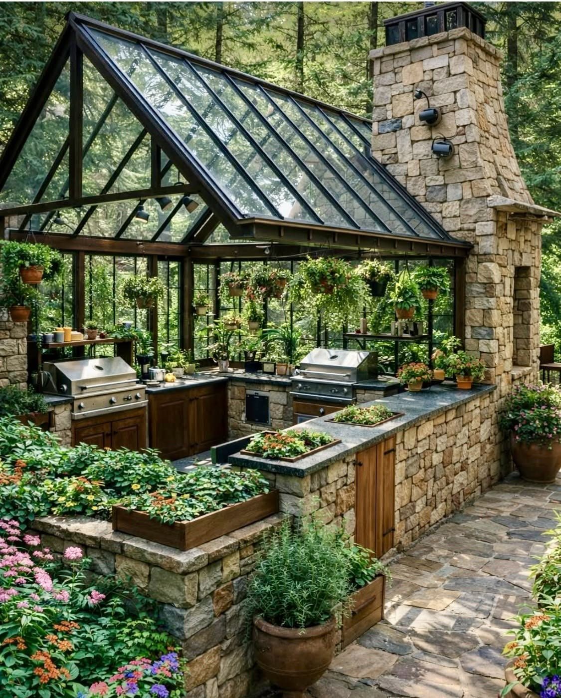 Stone outdoor kitchen with built-in grill and large stone fireplace under a glass roof structure.