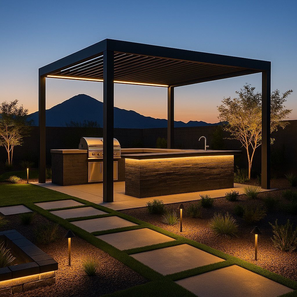Modern outdoor kitchen with integrated lighting under a black pergola at dusk with mountain views.