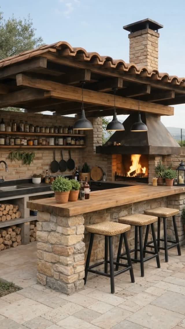 Rustic outdoor kitchen with a stone bar, wooden countertop, and a warm fireplace under a pergola.