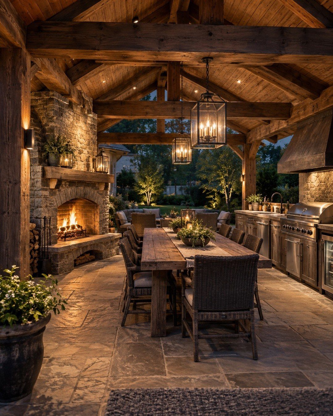 Rustic outdoor kitchen and dining area with a stone fireplace and wooden timber ceiling.