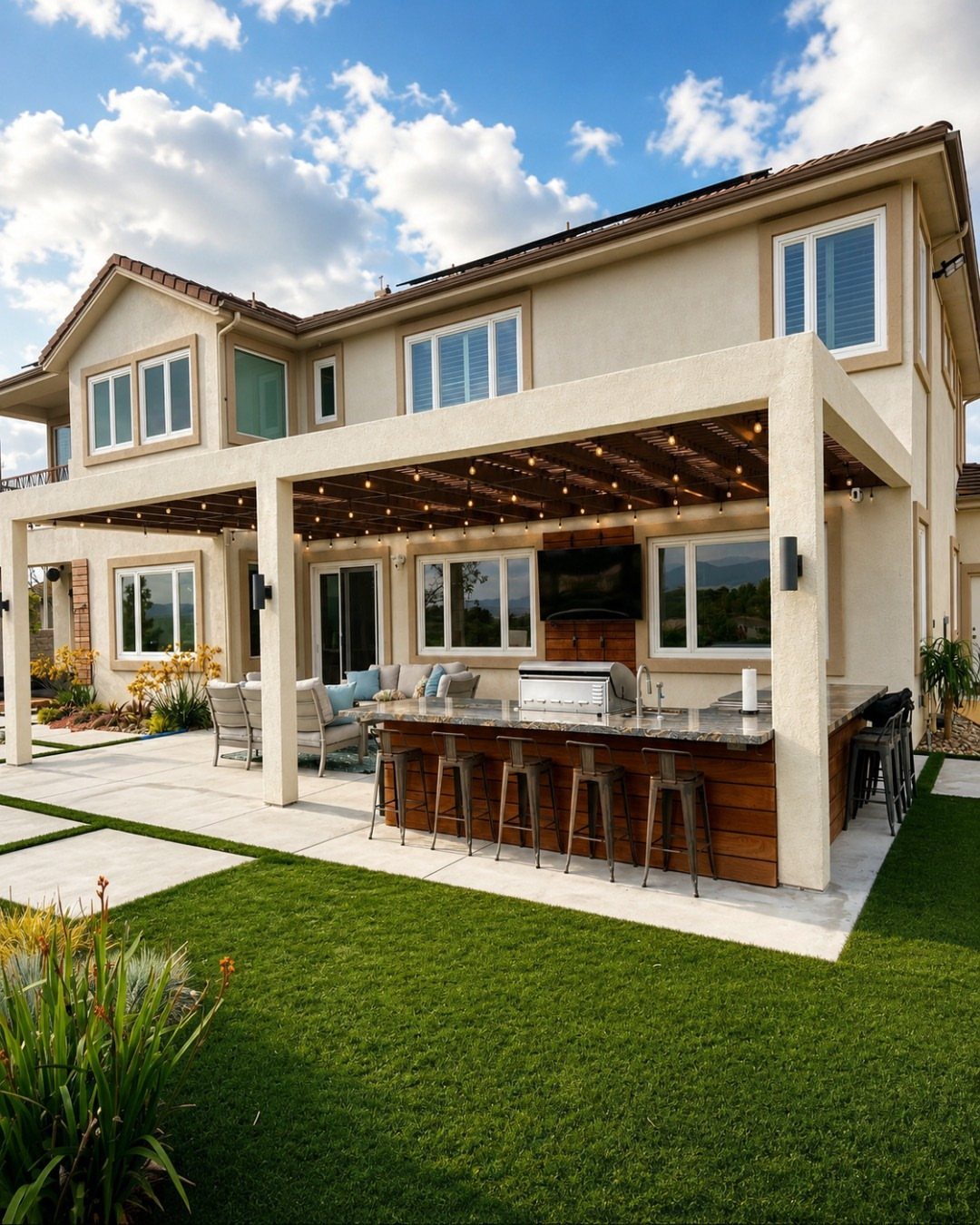 Modern outdoor kitchen with granite countertops, wooden cabinetry, and bar stools under a covered patio structure.