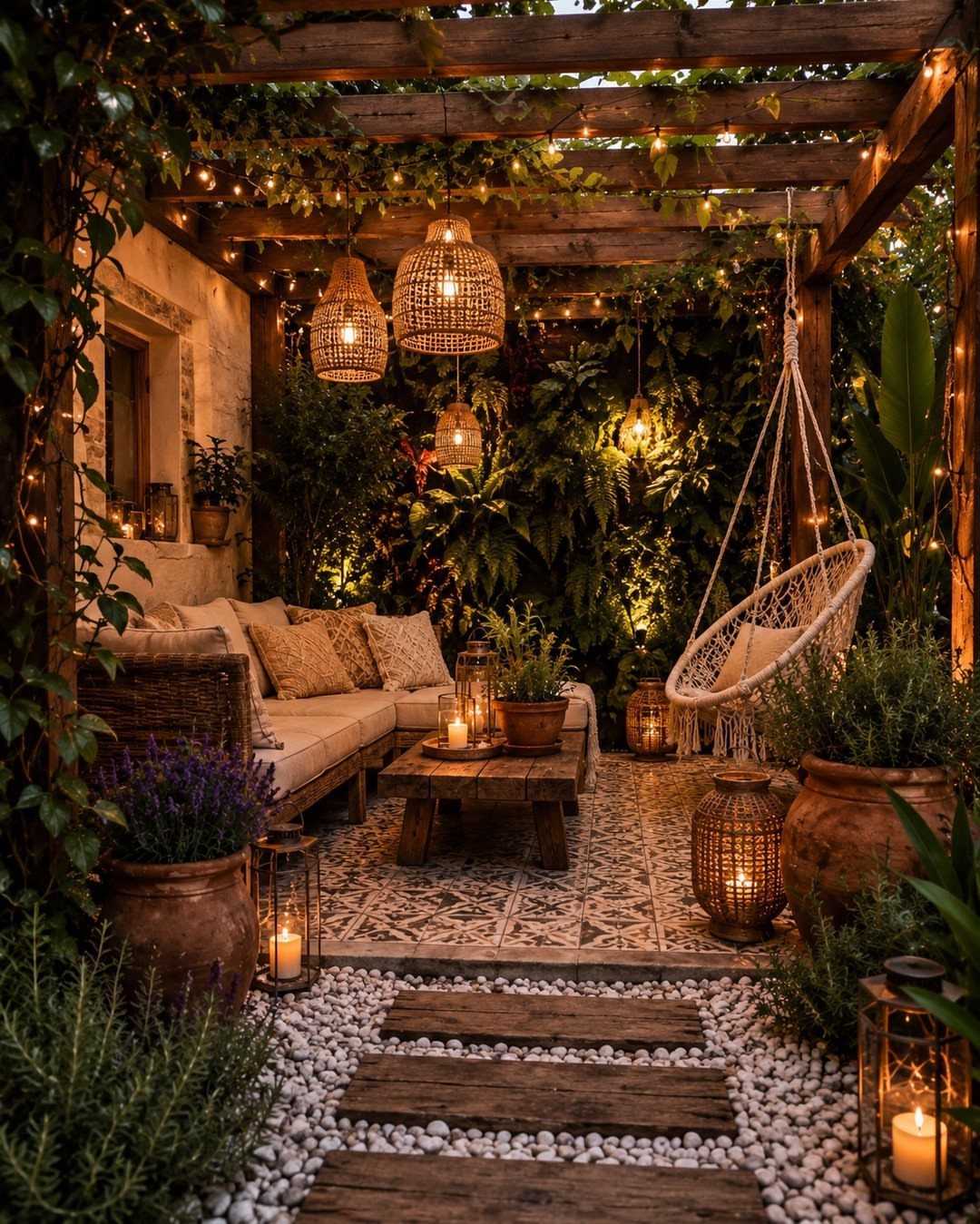 Wicker hanging lanterns glow warmly above a cozy outdoor patio with lounge seating and lush greenery.