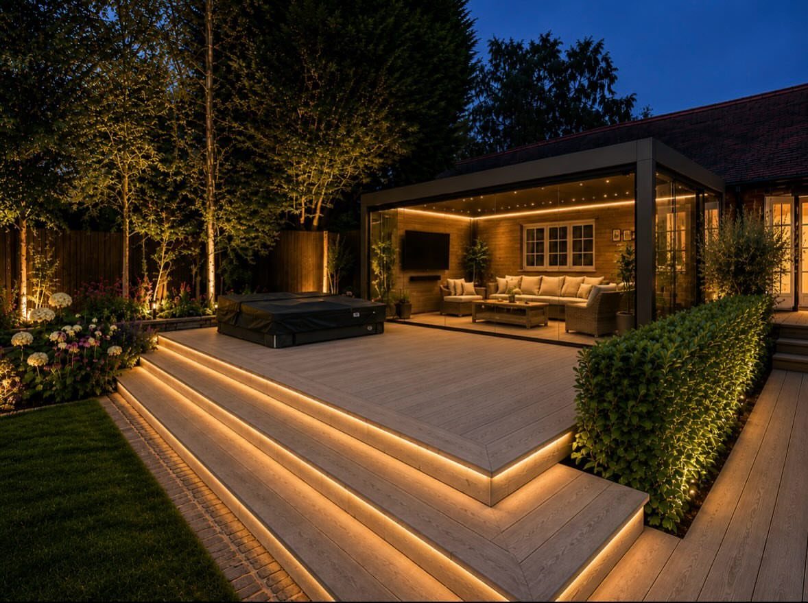 Modern stone patio steps illuminated by integrated LED strip lighting at dusk next to a lounge area.