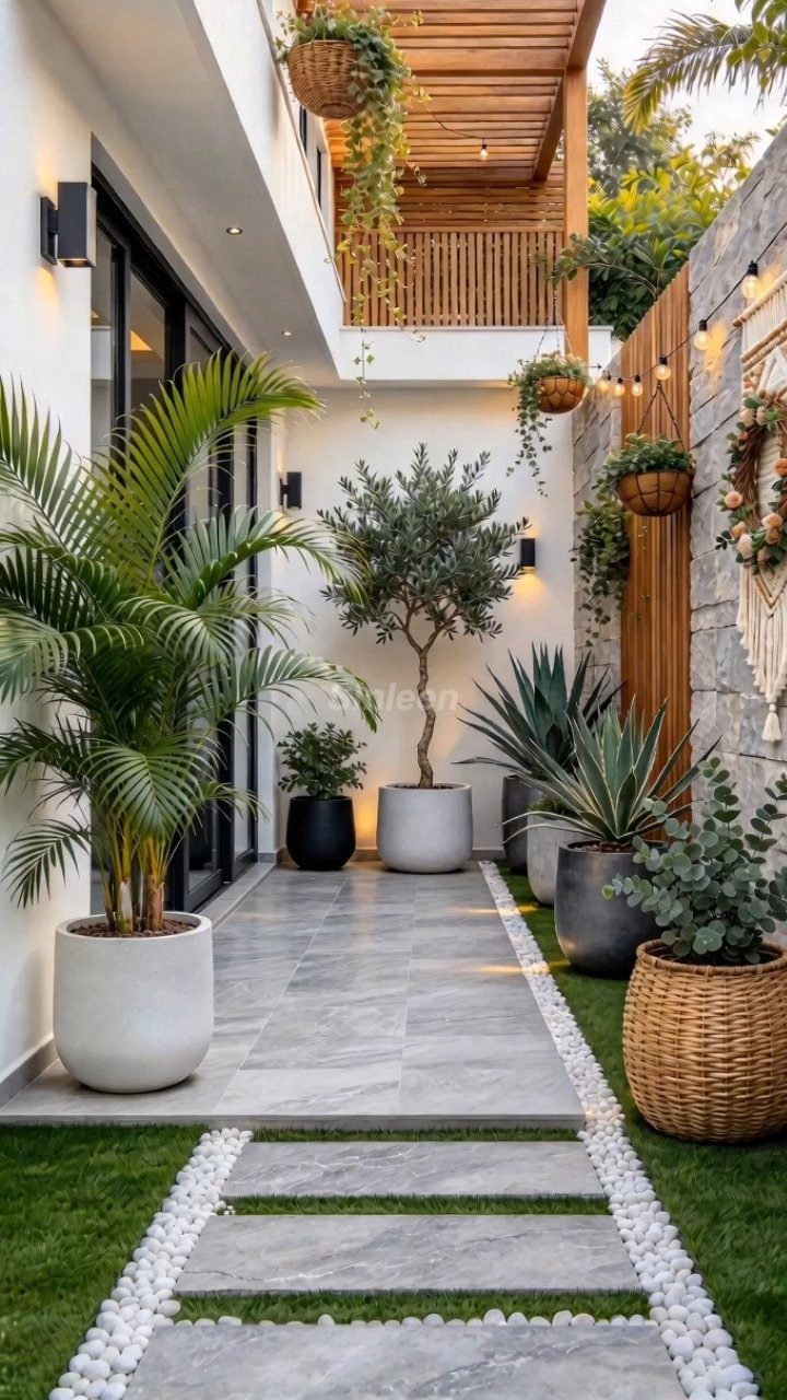 Various potted plants and greenery arranged along a grey stone patio walkway.