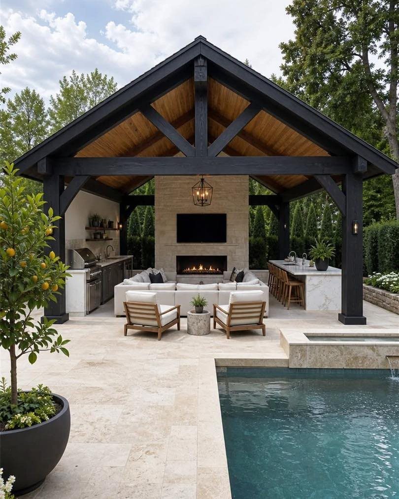 Black timber pavilion featuring a stone fireplace with a television and outdoor lounge furniture by a pool.