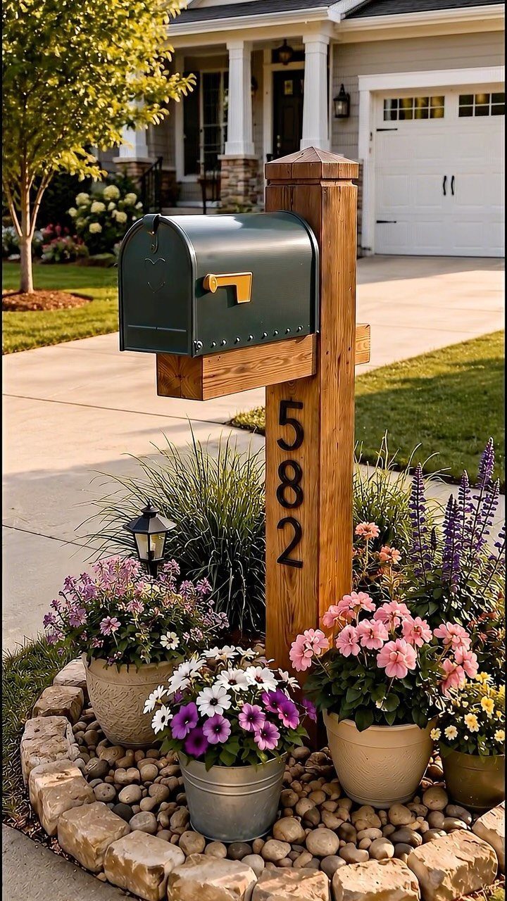 Dark green mailbox on a wooden post surrounded by colorful potted flowers in a stone garden bed.