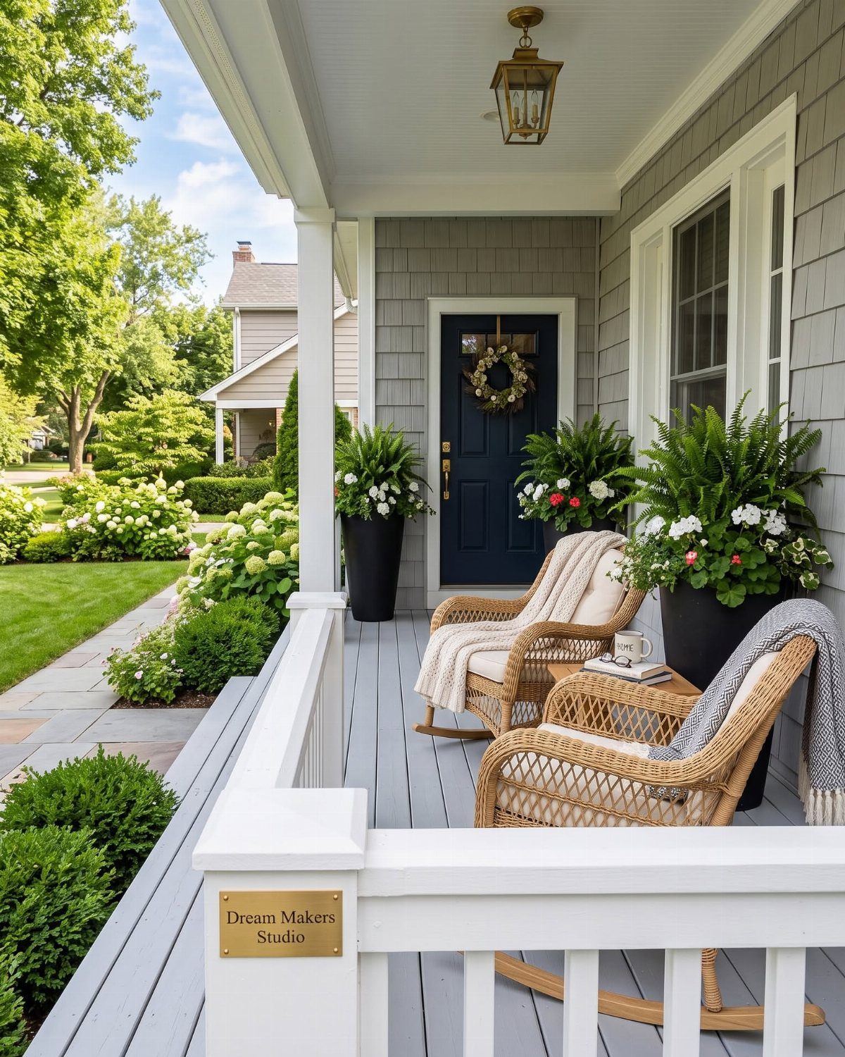 Wicker rocking chairs with white cushions and blankets sit on a grey wooden porch with large planters.