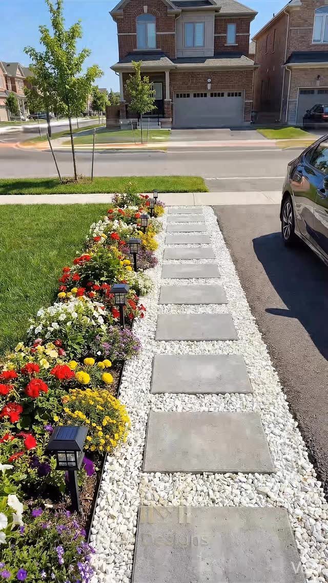 Stone pavers set in white gravel bordered by a colorful flower garden and solar lights.