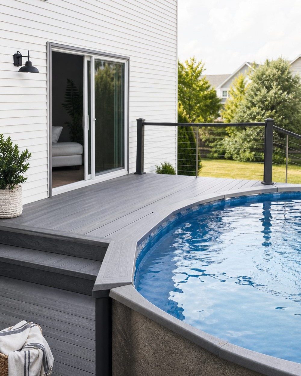 Grey wooden deck built around a blue above-ground swimming pool next to a white house.