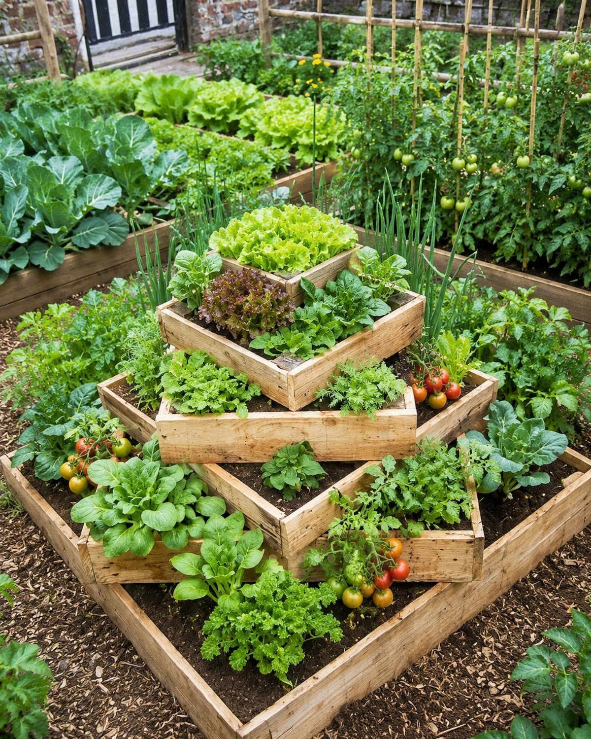 Tiered wooden planter boxes filled with lush green lettuce and small ripening tomatoes in a garden.