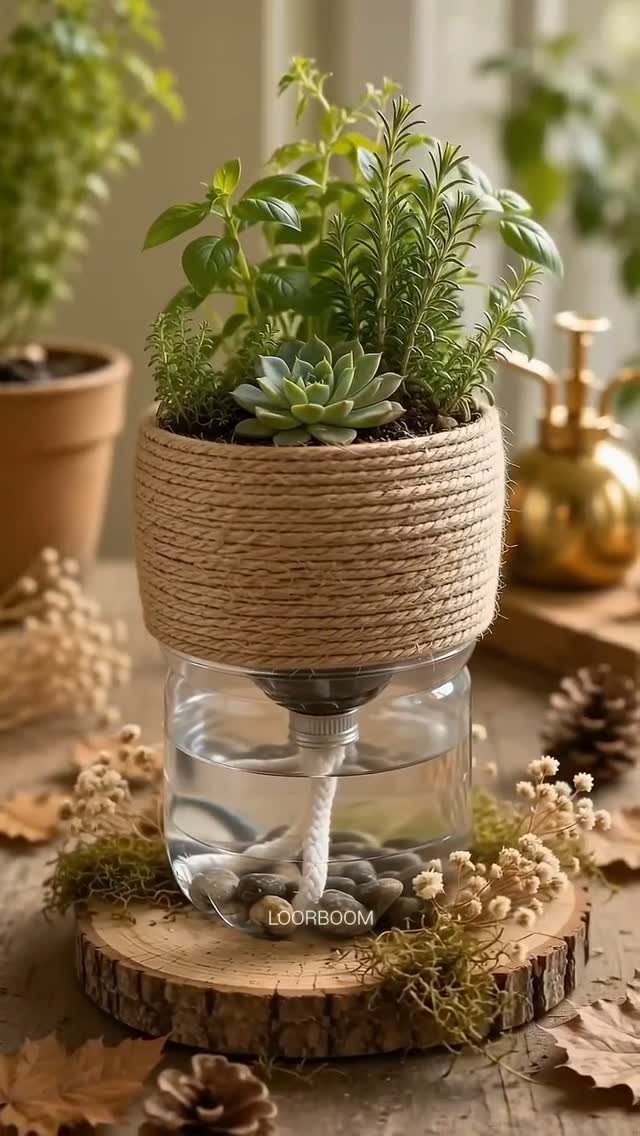 A twine-wrapped glass jar planter with green herbs and a white self-watering wick.