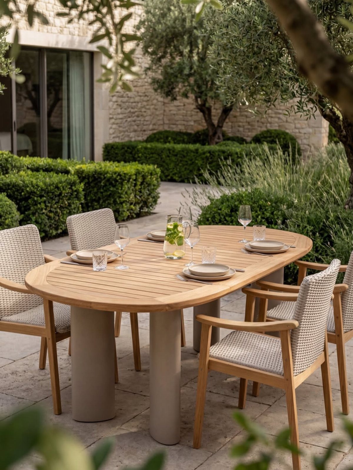 Easy Patio Table DIY: 8 Projects for Your Yard 8 An oval wooden outdoor dining table with chairs set on a stone patio surrounded by greenery.