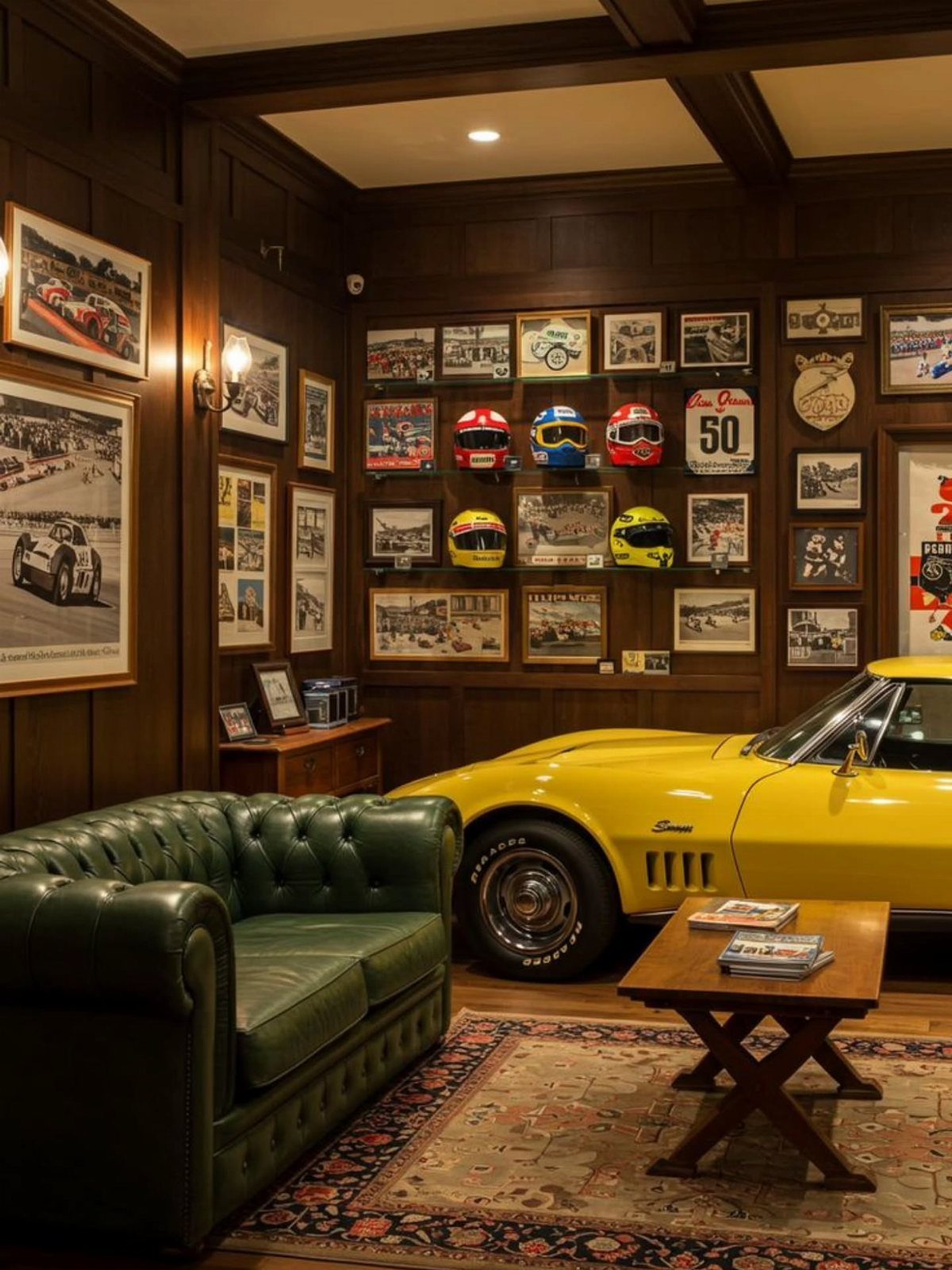 A yellow vintage sports car parked in a room with dark wood paneled walls and green leather seating.