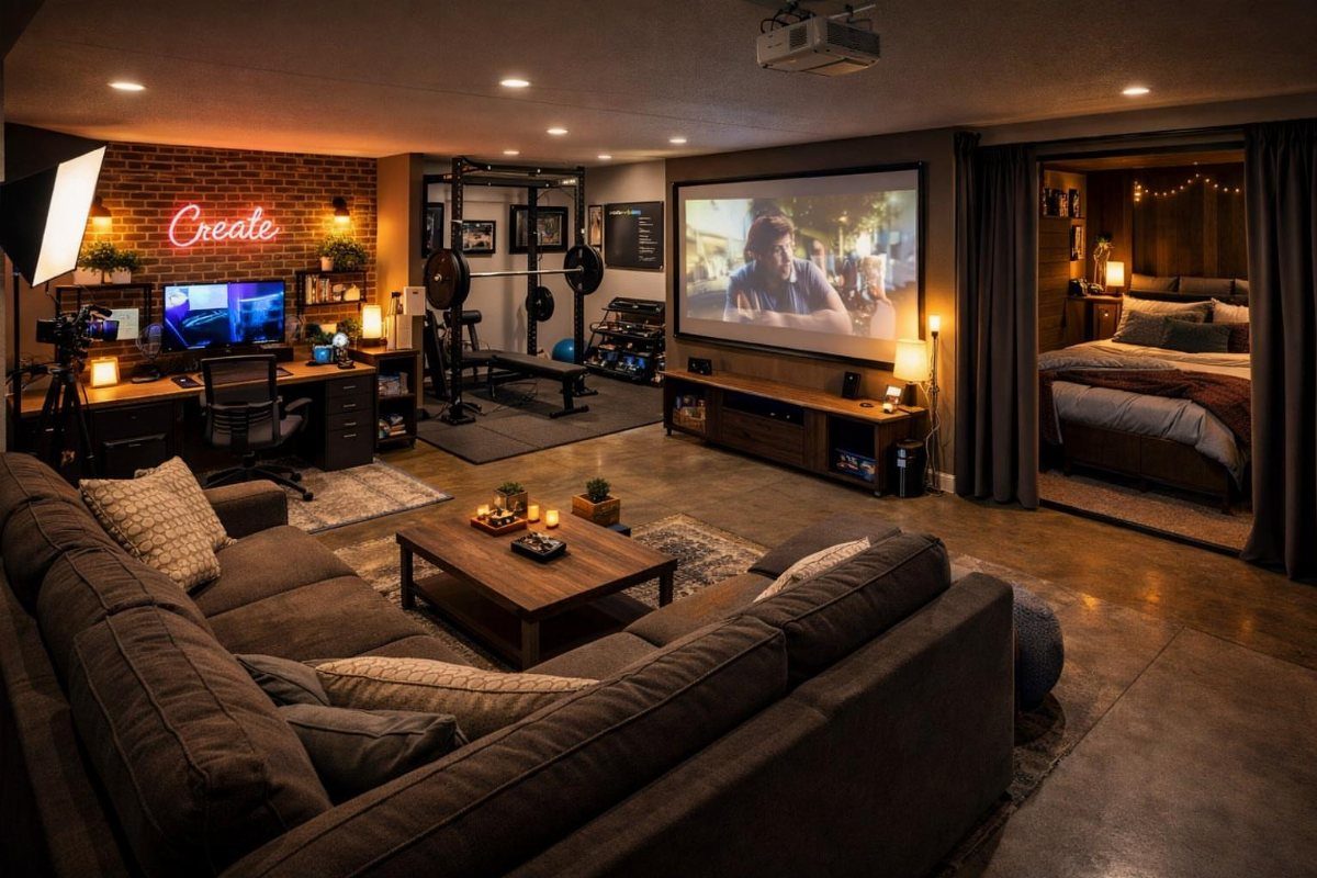 Garage to Family Room Conversion: 9 Ideas for 2026 1 A large multi-purpose basement room with a movie projector screen, sectional sofa, gym equipment, and workspace.